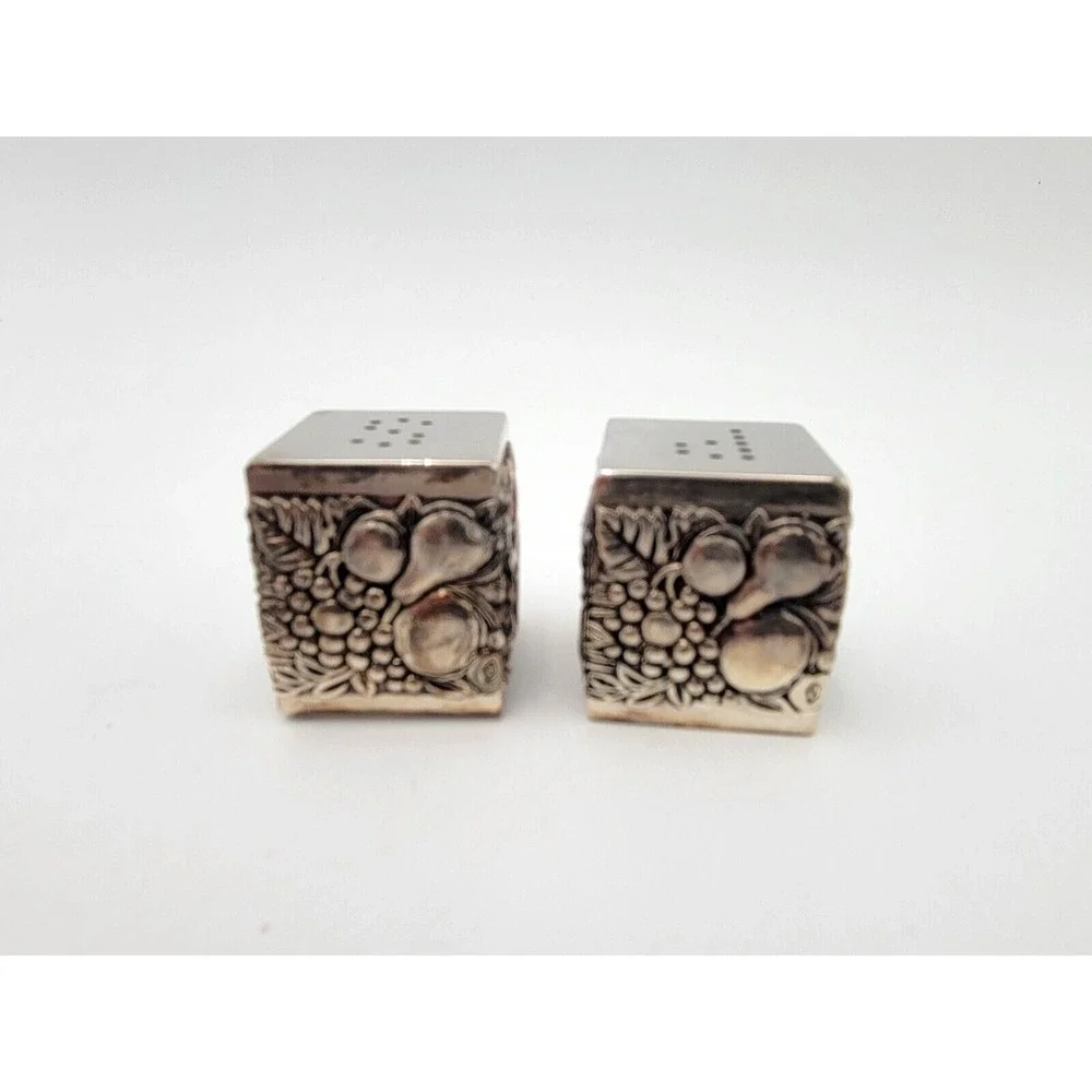 Vintage silver plated salt and pepper‎ shakers cube with tray holder embossed